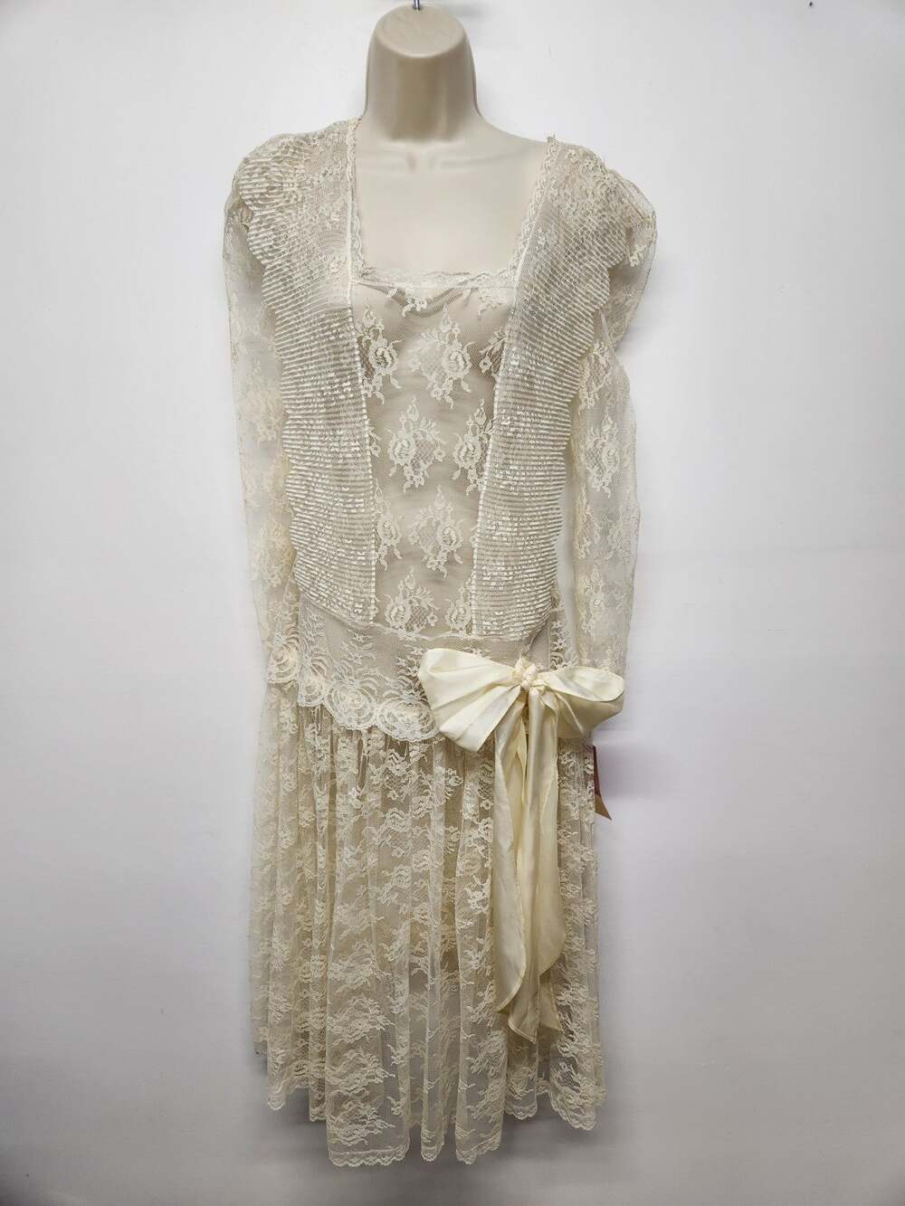 Vintage 80s Glenrob Women's Ivory Lace Sheer Drop Waist Midi Dress, Sz 9/10 Sm/M